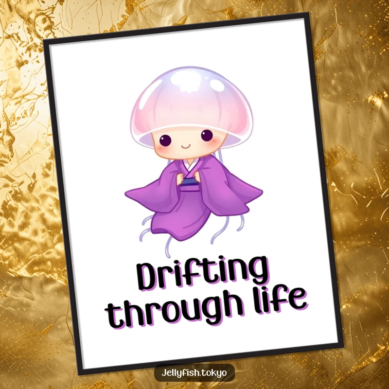 Funny Poster: Translucent purple kimono jellyfish gracefully drifting, elegant and humorous wall art.