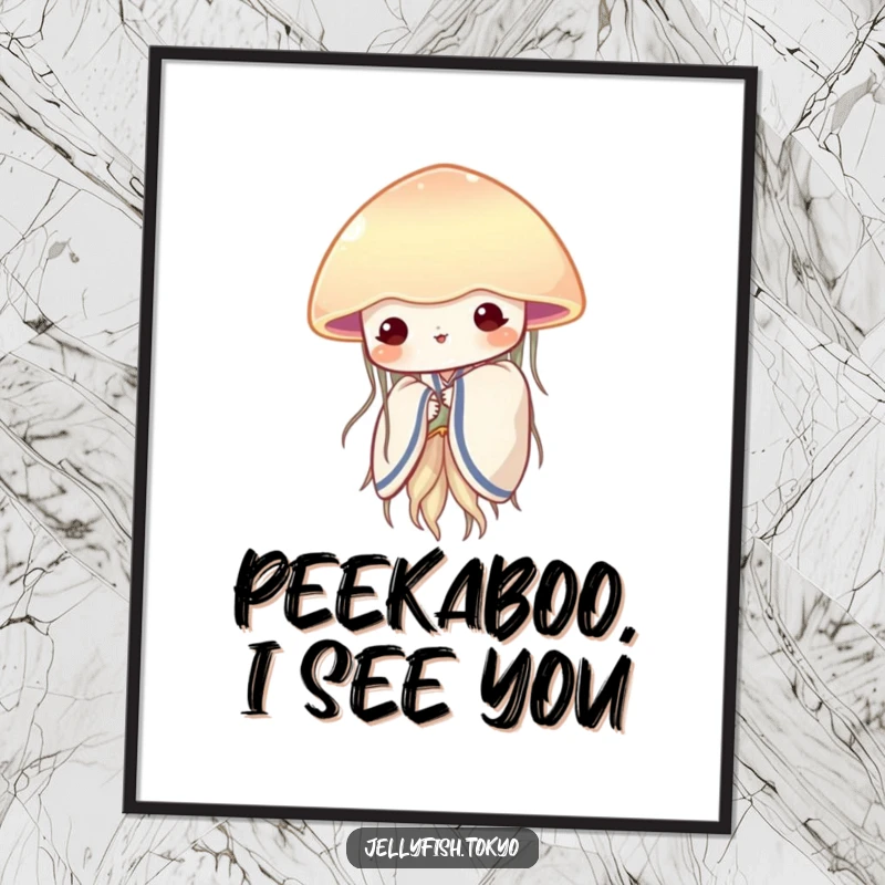 Funny shy jellyfish in a soft kimono, peeking from behind a translucent fan, a delicate poster print.