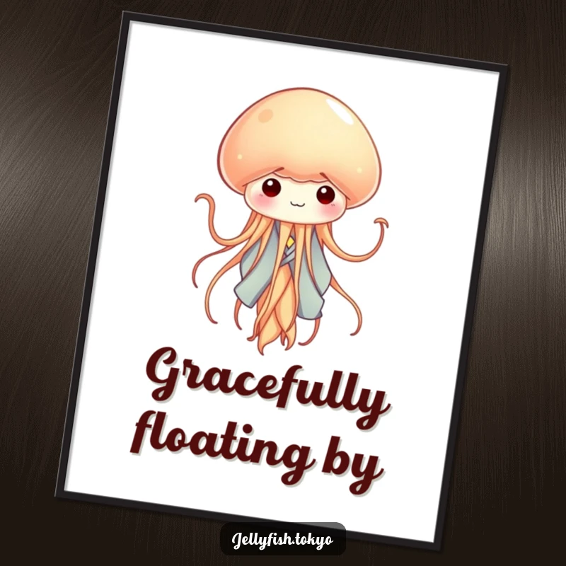 Funny tiny jellyfish in a miniature kimono, gracefully waving its tentacles like ribbons, a whimsical poster print.