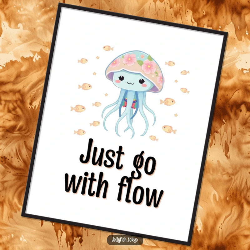 Funny playful jellyfish in a floral kimono, bobbing amidst tiny, glowing fish, a vibrant poster print.