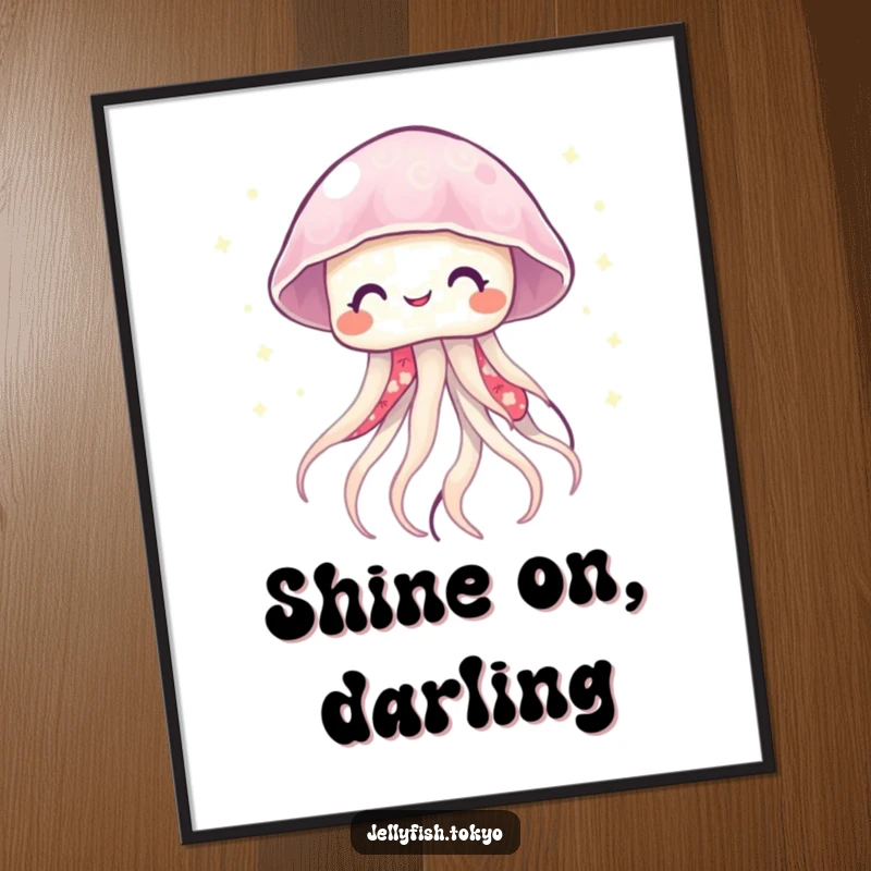 Funny smiling jellyfish in a vibrant kimono, emitting soft, twinkling lights like fireflies, a vibrant poster print.