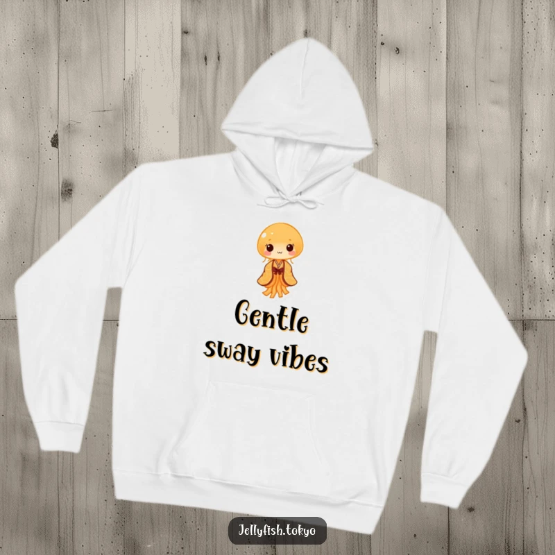 Funny Hoodie: Tiny orange jellyfish in patterned kimono, performing gentle sway, cozy and humorous.