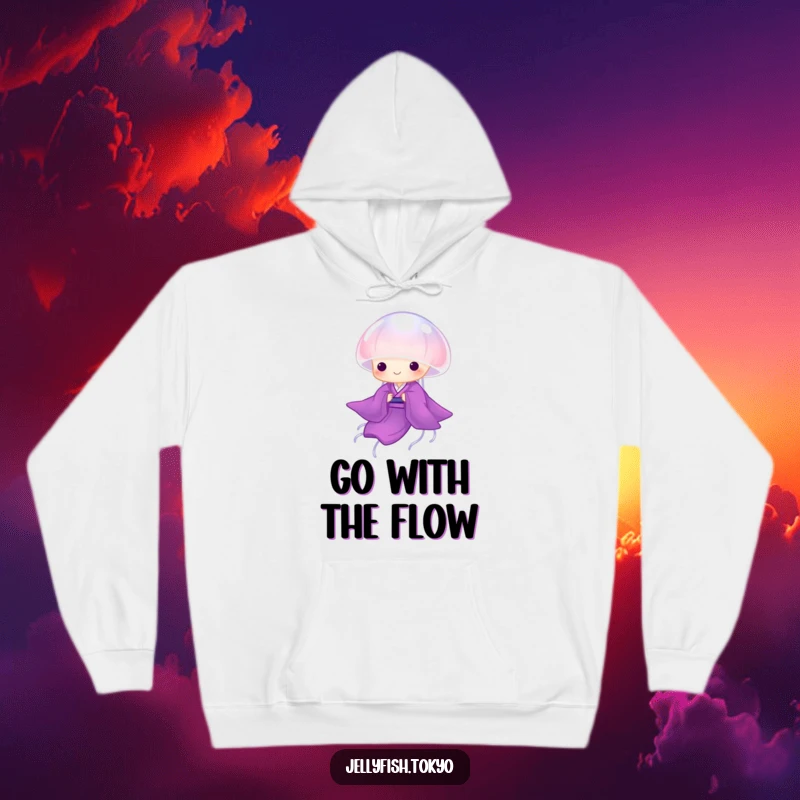 Funny Hoodie: Translucent jellyfish in a purple kimono, gracefully drifting, cozy and humorous outerwear.