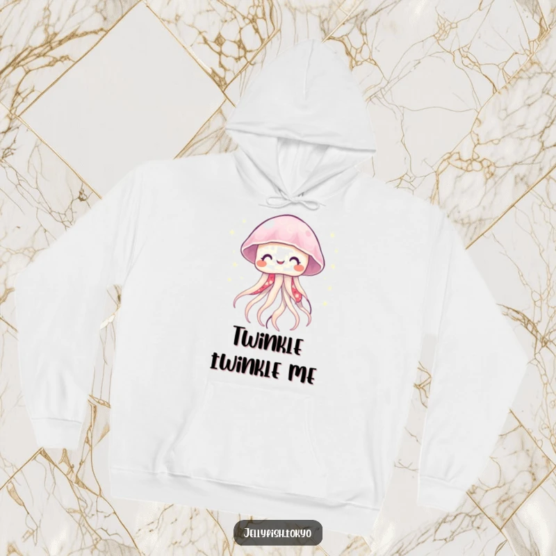 Funny smiling jellyfish in a vibrant kimono, twinkling with soft lights, adorning a cozy and warm hoodie.