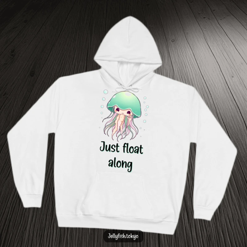 Funny Hoodie: Large ethereal jellyfish, emerald green kimono, surrounded by tiny bubbles, cozy and humorous.