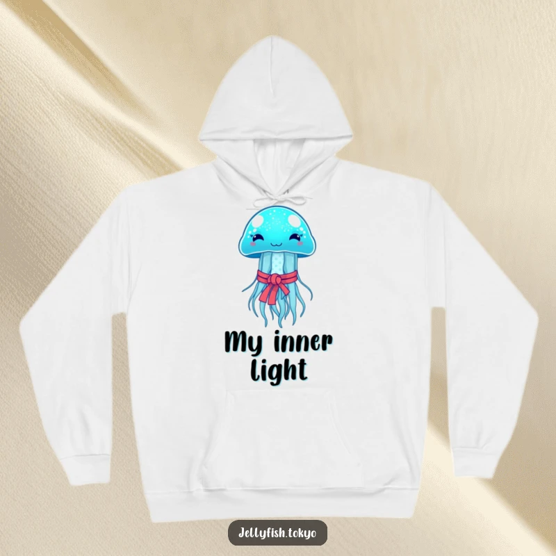 Funny Hoodie: Sparkling blue jellyfish with Japanese obi, emitting soft glow, cozy and humorous.