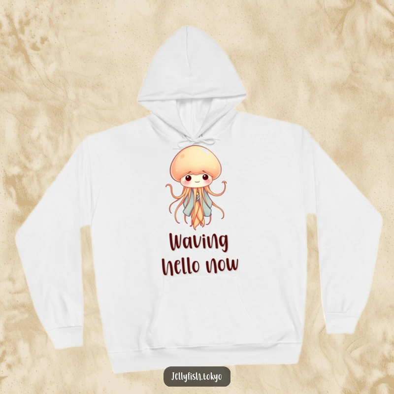 Funny tiny jellyfish in a miniature kimono, tentacles waving like ribbons, a cozy and charming hoodie design.