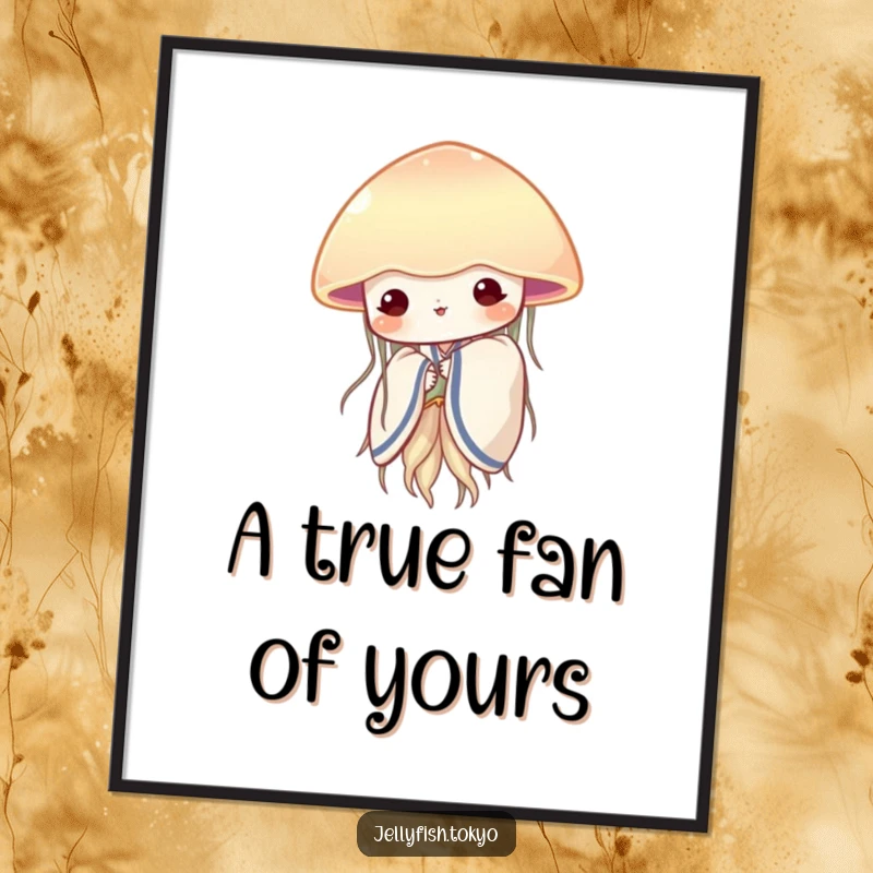 Funny Free Printable Wall Art: Shy jellyfish in a soft kimono peeking from behind a translucent fan, charming downloadable art.