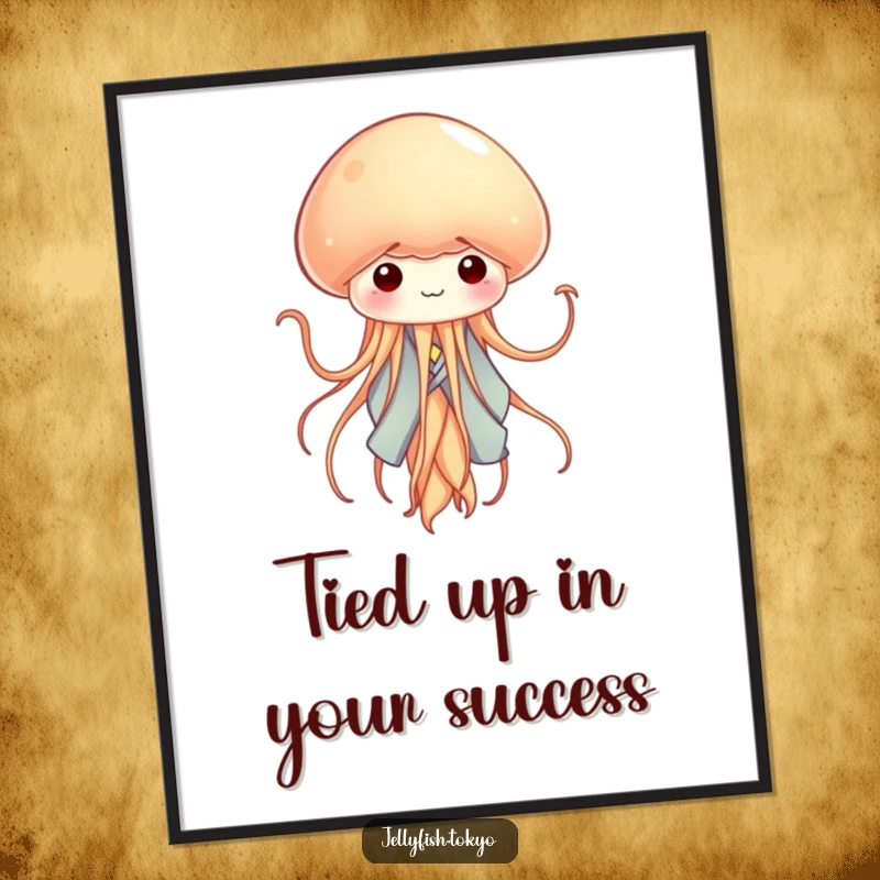 Funny Free Printable Wall Art: Tiny jellyfish in miniature kimono waves tentacles like ribbons, a whimsical downloadable artwork.