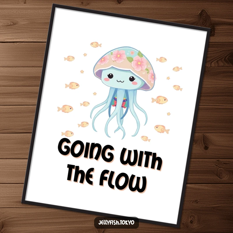 Funny Free Printable Wall Art: Playful jellyfish in floral kimono bobbing amidst tiny glowing fish, a charming downloadable artwork.