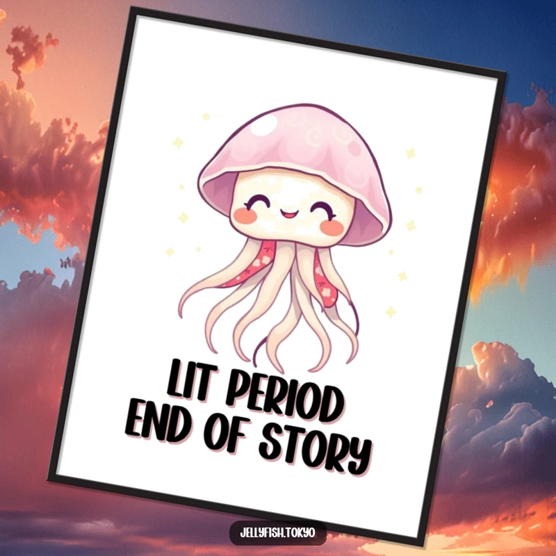 Funny Free Printable Wall Art: Smiling jellyfish showcasing a vibrant kimono and emitting soft, twinkling lights, downloadable art.