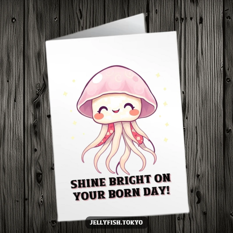 Funny Free Printable Birthday Card: Smiling jellyfish in vibrant kimono emits twinkling lights, a cheerful downloadable greeting.