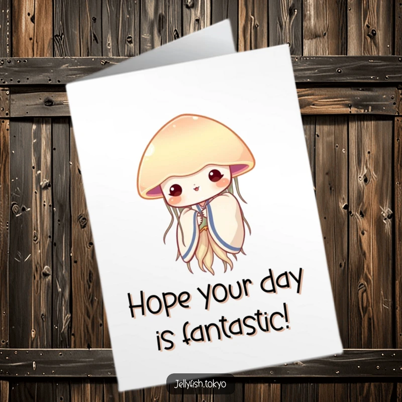 Funny Free Printable Birthday Card: Shy jellyfish in soft kimono peeking from fan, a sweet downloadable birthday message.