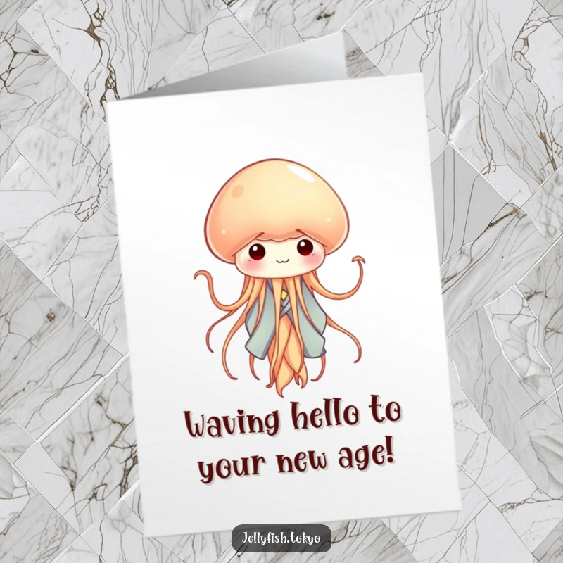 Funny Free Printable Birthday Card: Tiny jellyfish in kimono waves tentacles like ribbons, a delightful downloadable greeting.
