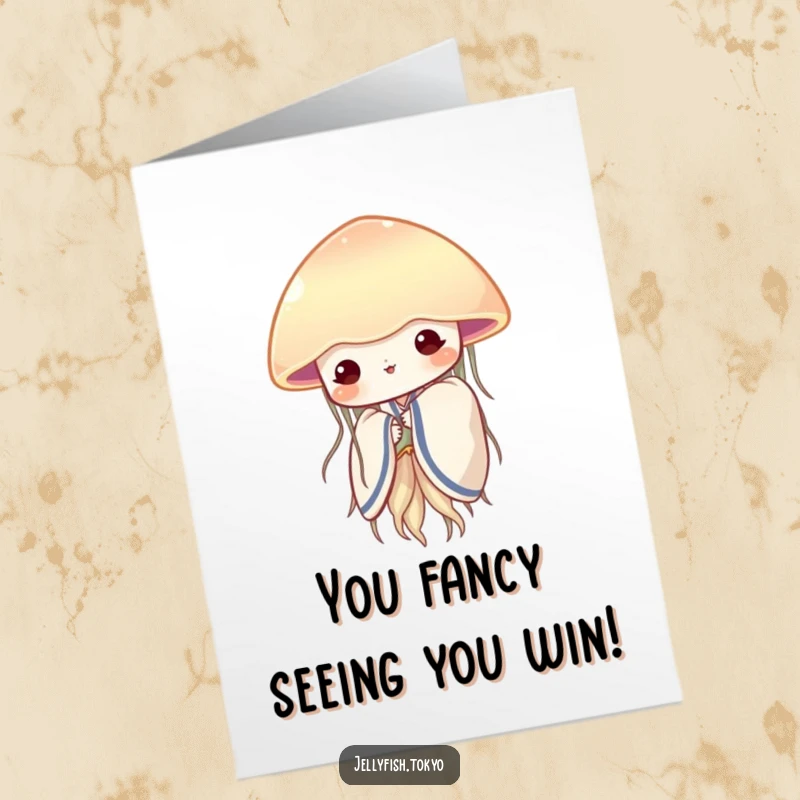 Funny Free Printable Congratulations Card: Shy jellyfish in soft kimono peeking from fan, a demure downloadable greeting.