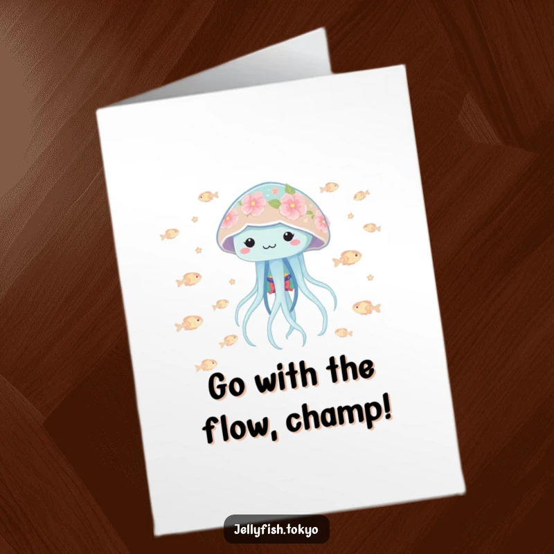 Funny Free Printable Congratulations Card: Playful jellyfish in floral kimono bobbing with tiny glowing fish, a fun downloadable card.