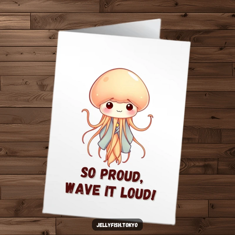 Funny Free Printable Congratulations Card: Tiny jellyfish in miniature kimono gracefully waves tentacles, a whimsical downloadable card.