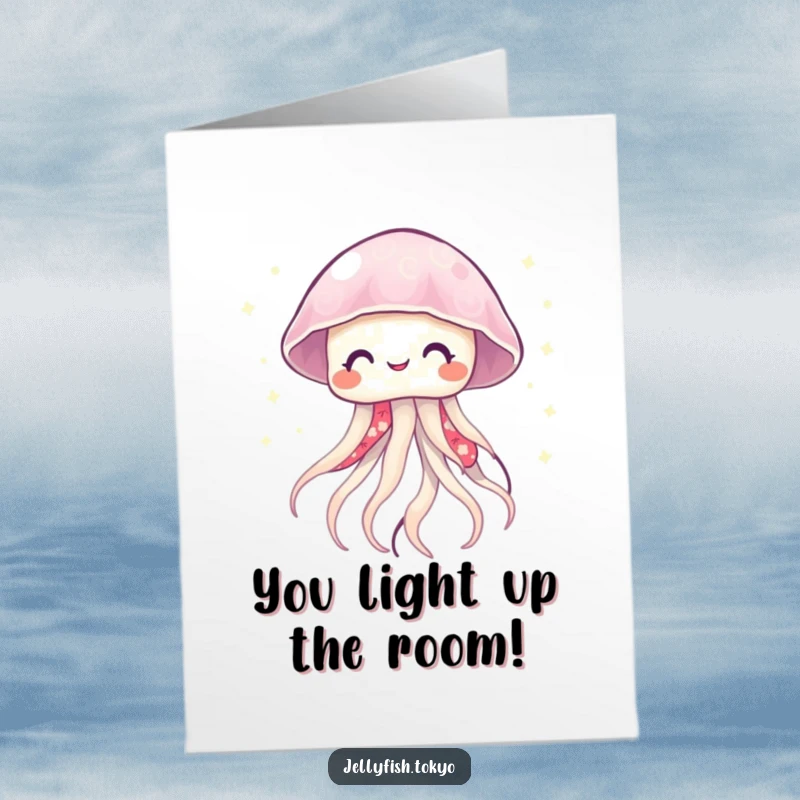 Funny Free Printable Congratulations Card: Smiling jellyfish in vibrant kimono twinkling like fireflies, a luminous downloadable message.