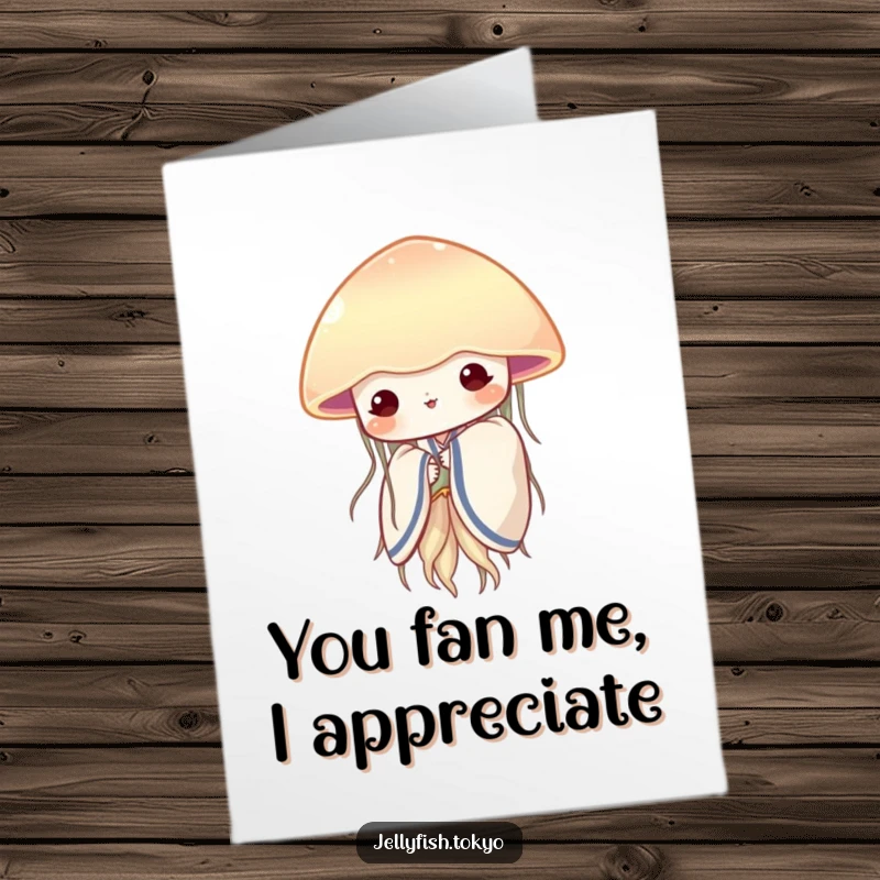 Funny Free Printable Thank You Card: Shy jellyfish in soft kimono peeks from fan, a sweet downloadable thank you.