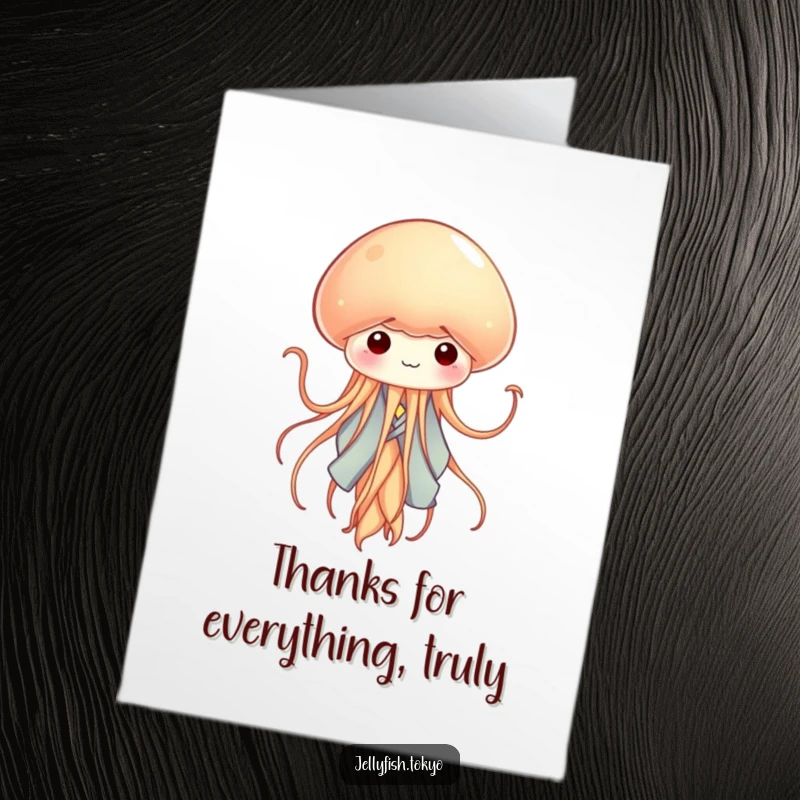 Funny Free Printable Thank You Card: Tiny jellyfish in kimono gracefully waves tentacles, a sweet downloadable message of thanks.