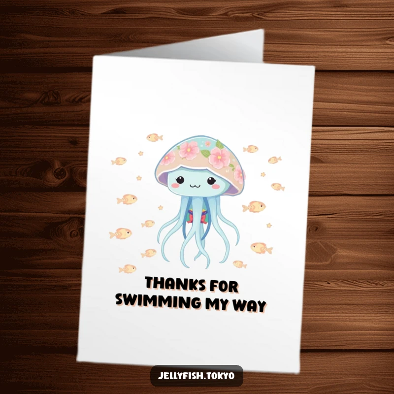 Funny Free Printable Thank You Card: Playful jellyfish in floral kimono bobbing with glowing fish, a delightful downloadable thank you.