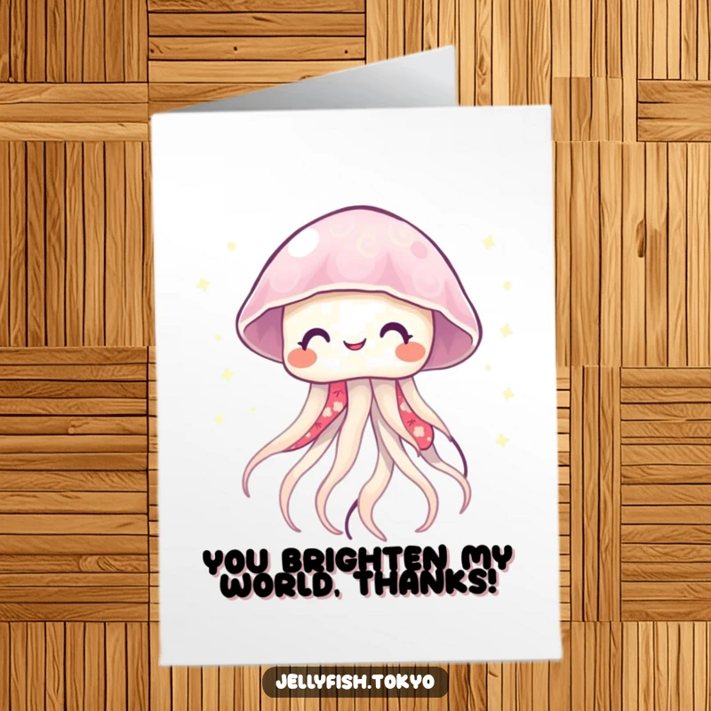 Funny Free Printable Thank You Card: Smiling jellyfish in vibrant kimono emitting soft twinkling lights, a radiant downloadable thank you.