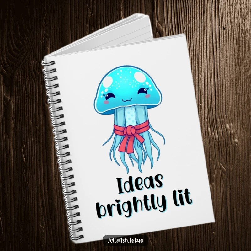 Funny Notebook: Sparkling blue jellyfish, Japanese obi, emitting soft glow, humorous note-taking.
