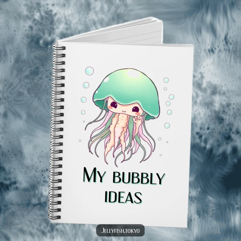 Funny Notebook: Large ethereal jellyfish, emerald green kimono, surrounded by tiny bubbles, humorous note-taking.