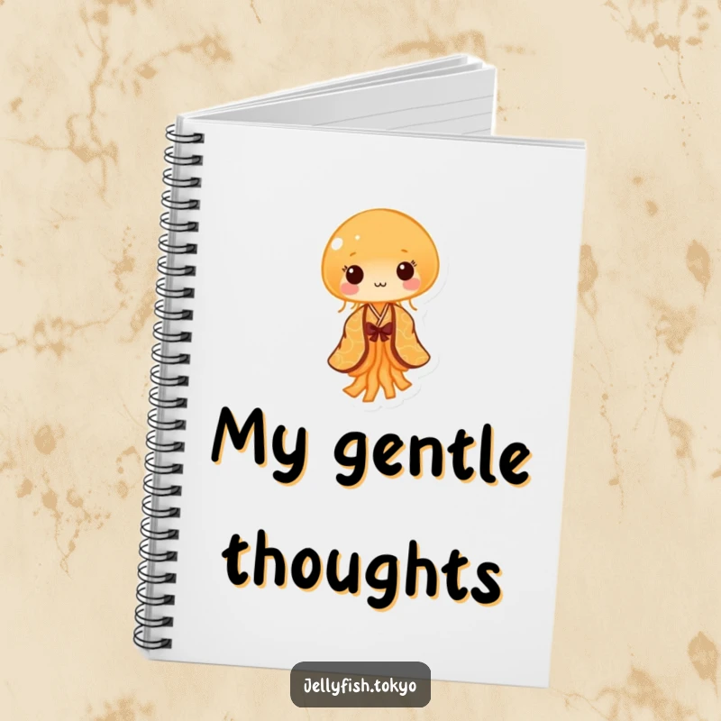 Funny Notebook: Tiny orange jellyfish, patterned kimono, performing gentle sway, humorous note-taking.