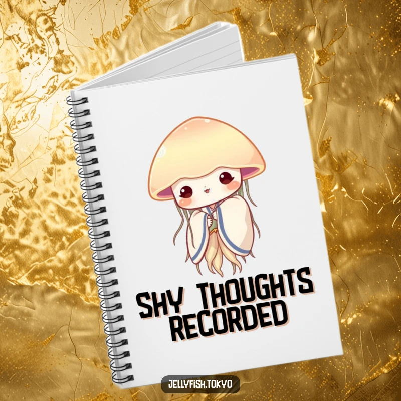 Funny shy jellyfish in a soft kimono, peeking from behind a translucent fan, on the cover of a notebook.