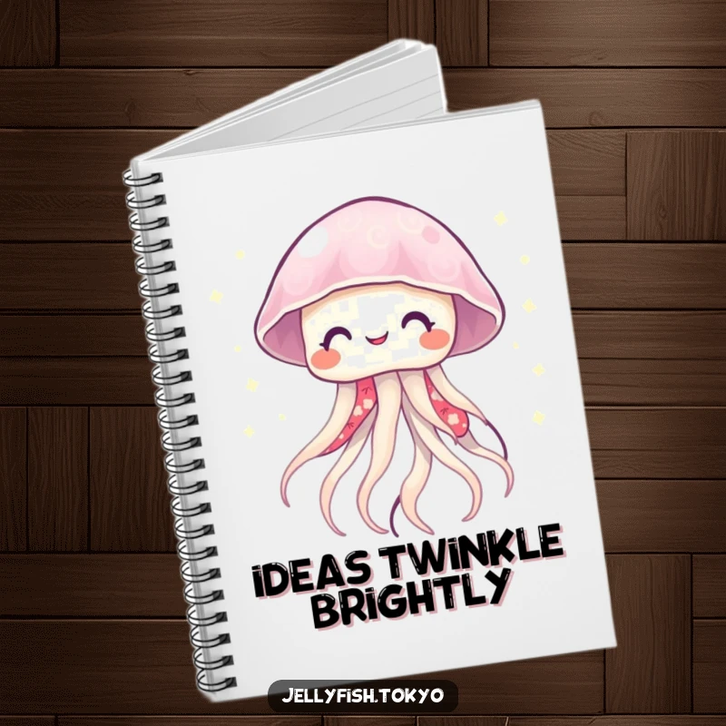 Funny smiling jellyfish in a vibrant kimono, emitting twinkling lights, on the cover of a cheerful notebook.