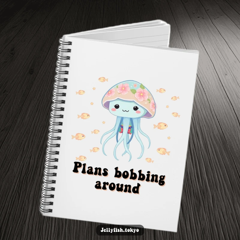 Funny playful jellyfish in a floral kimono, bobbing with glowing fish, on the cover of a cheerful notebook.