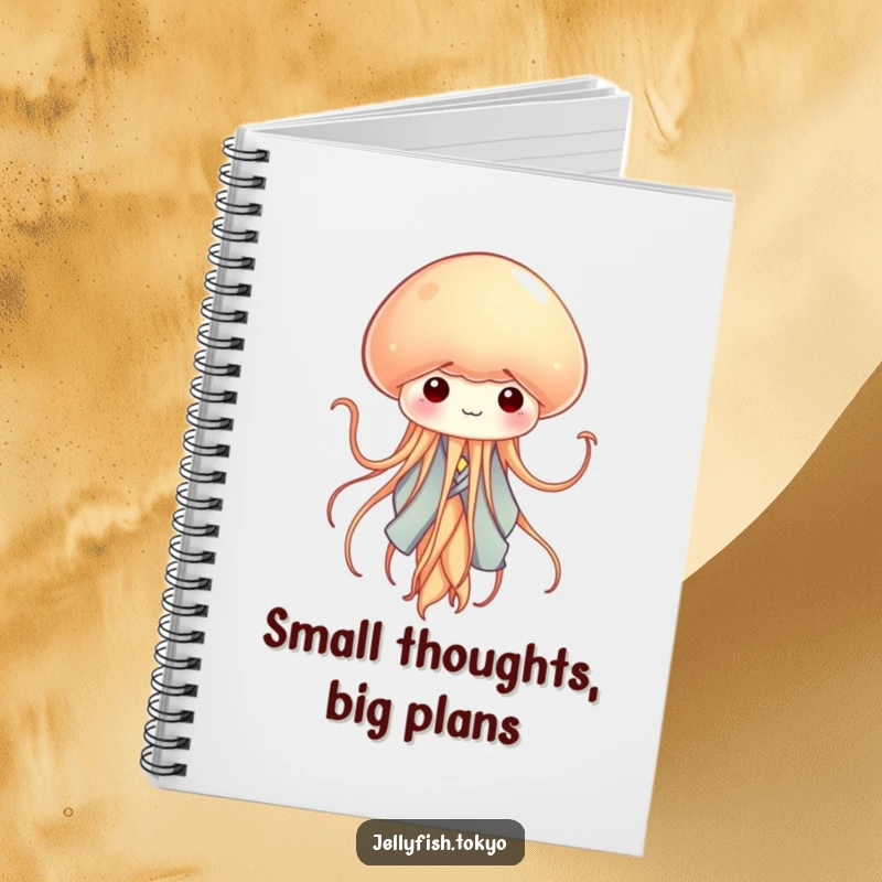 Funny tiny jellyfish in a miniature kimono, waving tentacles like ribbons, on the cover of a notebook.