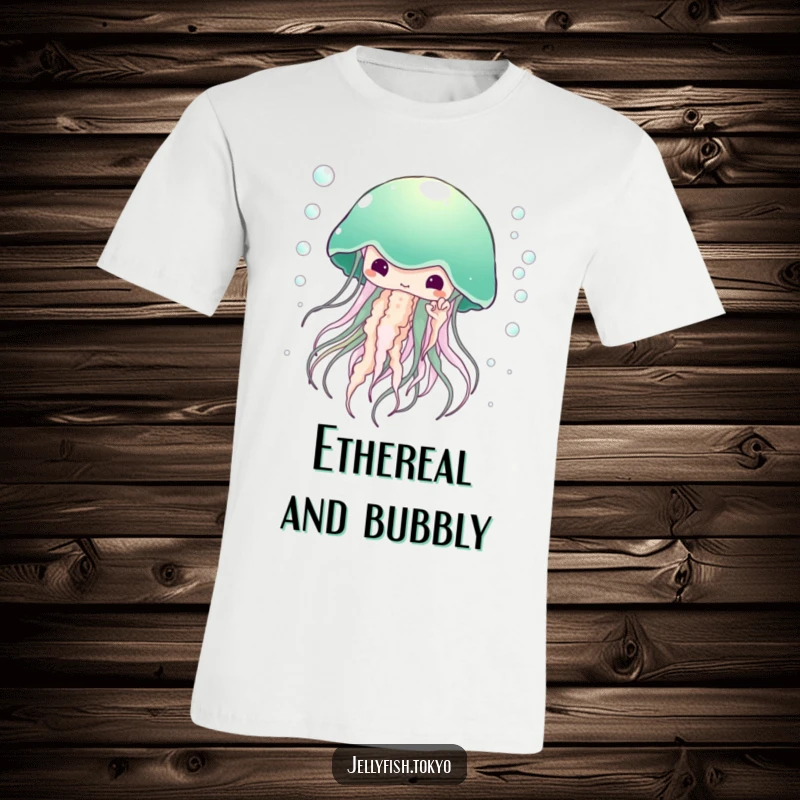 Funny T-Shirt: Large ethereal jellyfish, emerald green kimono, surrounded by tiny bubbles, humorous apparel.