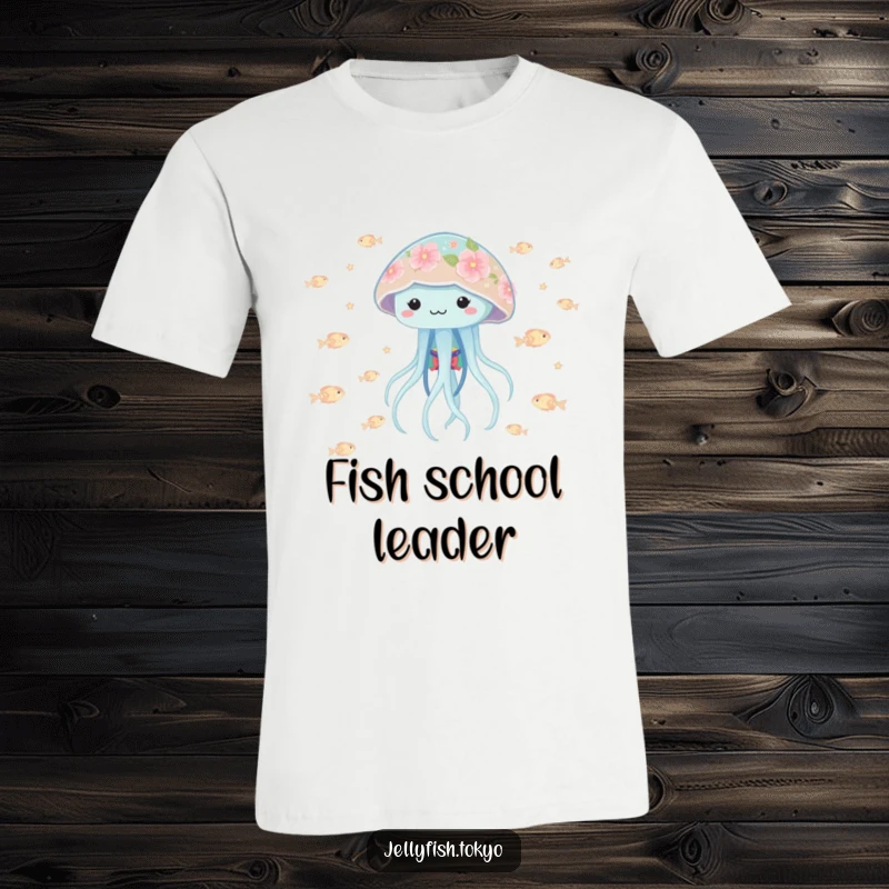 Funny playful jellyfish wearing a floral kimono, bobbing among tiny, glowing fish, on a cheerful t-shirt.