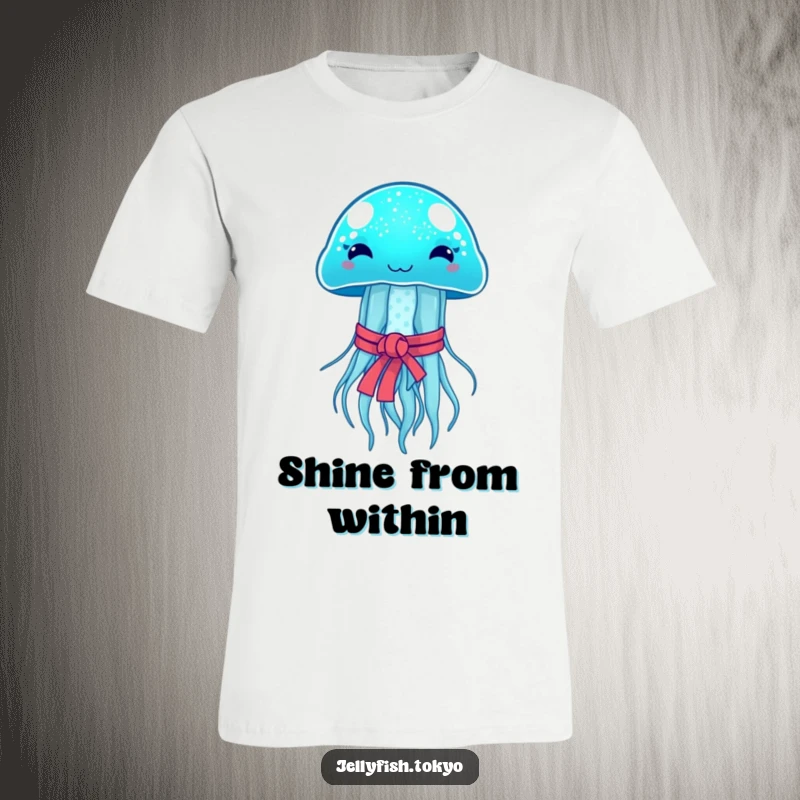 Funny T-Shirt: Sparkling blue jellyfish, traditional Japanese obi, emitting soft glow, humorous apparel.