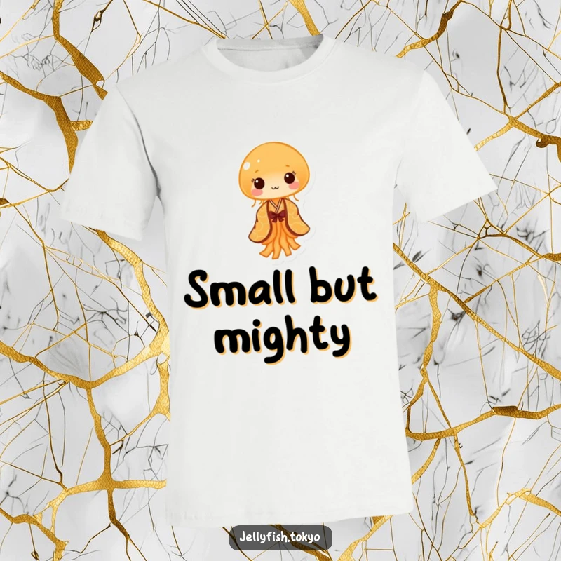 Funny T-Shirt: Tiny orange jellyfish, patterned kimono, performing gentle sway, humorous and cute apparel.