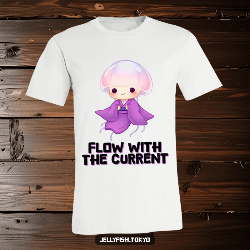 Funny T-Shirt: Translucent jellyfish in a vibrant purple kimono, gracefully drifting in water, humorous apparel.