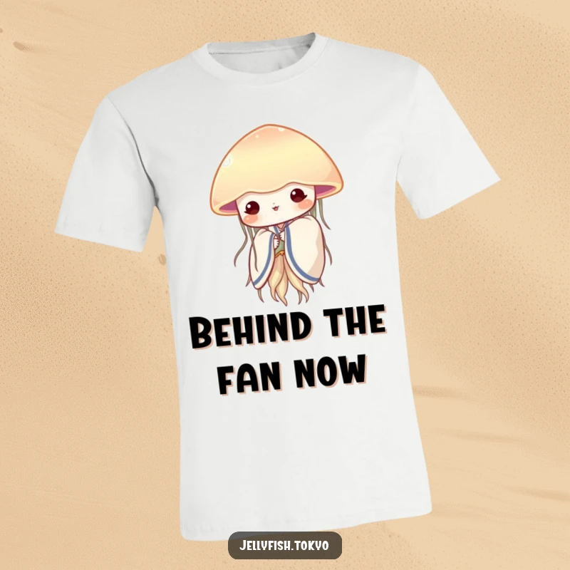 Funny shy jellyfish wearing a soft kimono, peeking from behind a translucent fabric fan, on a cute t-shirt.