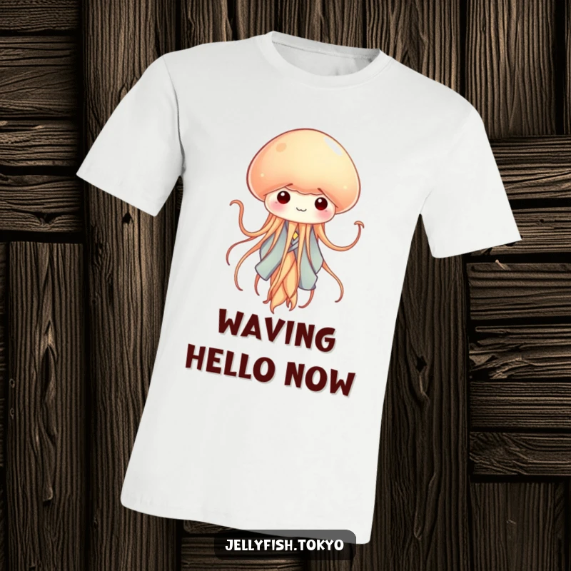 Funny tiny jellyfish wearing a miniature kimono, gracefully waving its tentacles like colorful ribbons, on a t-shirt.
