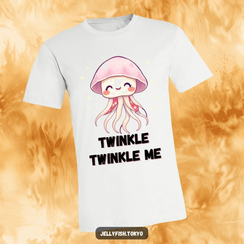 Funny smiling jellyfish wearing a vibrant kimono, emitting soft, twinkling lights like fireflies, on a cool t-shirt.