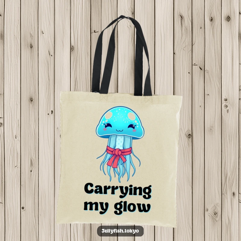 Funny Tote Bag: Sparkling blue jellyfish, Japanese obi, emitting soft glow, humorous carry-all.