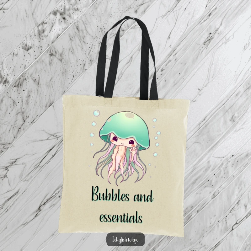 Funny Tote Bag: Large ethereal jellyfish, emerald green kimono, surrounded by tiny bubbles, humorous carry-all.