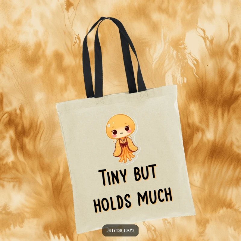 Funny Tote Bag: Tiny orange jellyfish, patterned kimono, performing gentle sway, humorous carry-all.