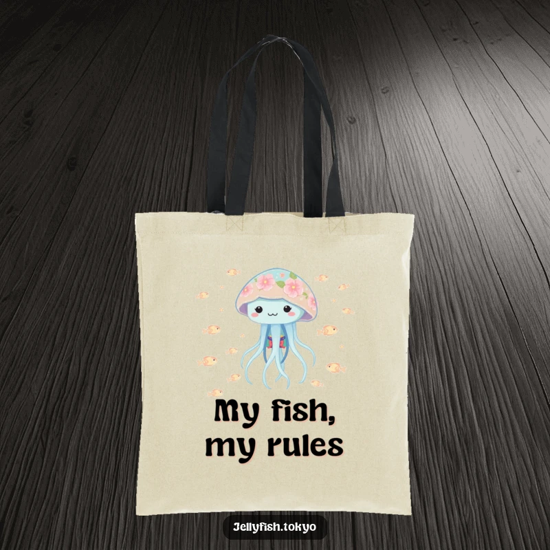 Funny playful jellyfish in a floral kimono, bobbing with tiny glowing fish, featured on a spacious tote bag.