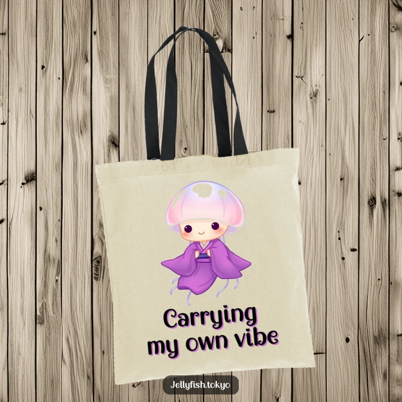 Funny Tote Bag: Translucent purple kimono jellyfish, gracefully drifting, stylish and humorous carry-all.