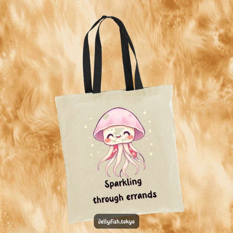 Funny smiling jellyfish in a vibrant kimono, emitting twinkling lights, featured on a stylish and functional tote bag.