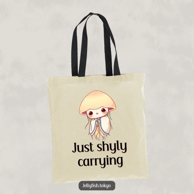 Funny shy jellyfish in a soft kimono, peeking from behind a translucent fan, featured on a cute tote bag.