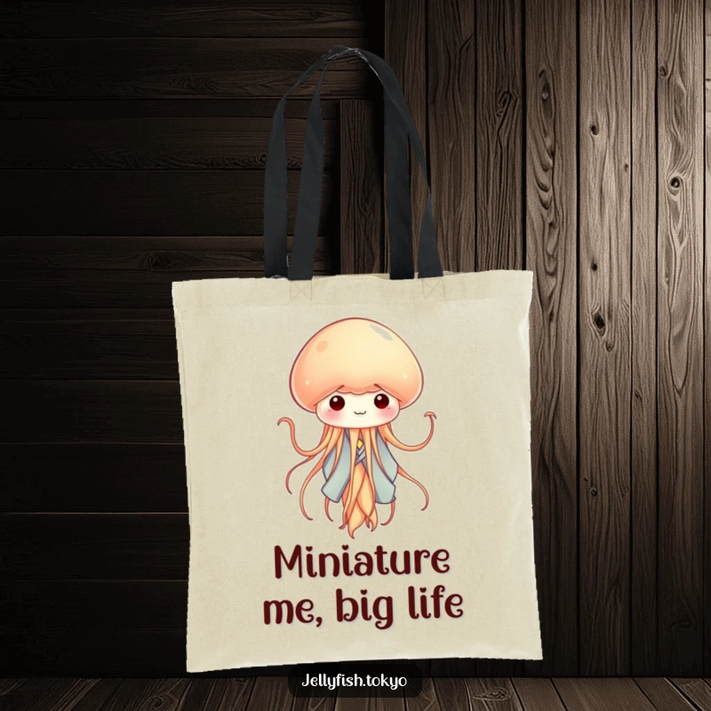 Funny tiny jellyfish in a miniature kimono, waving tentacles like ribbons, featured on a spacious tote bag.